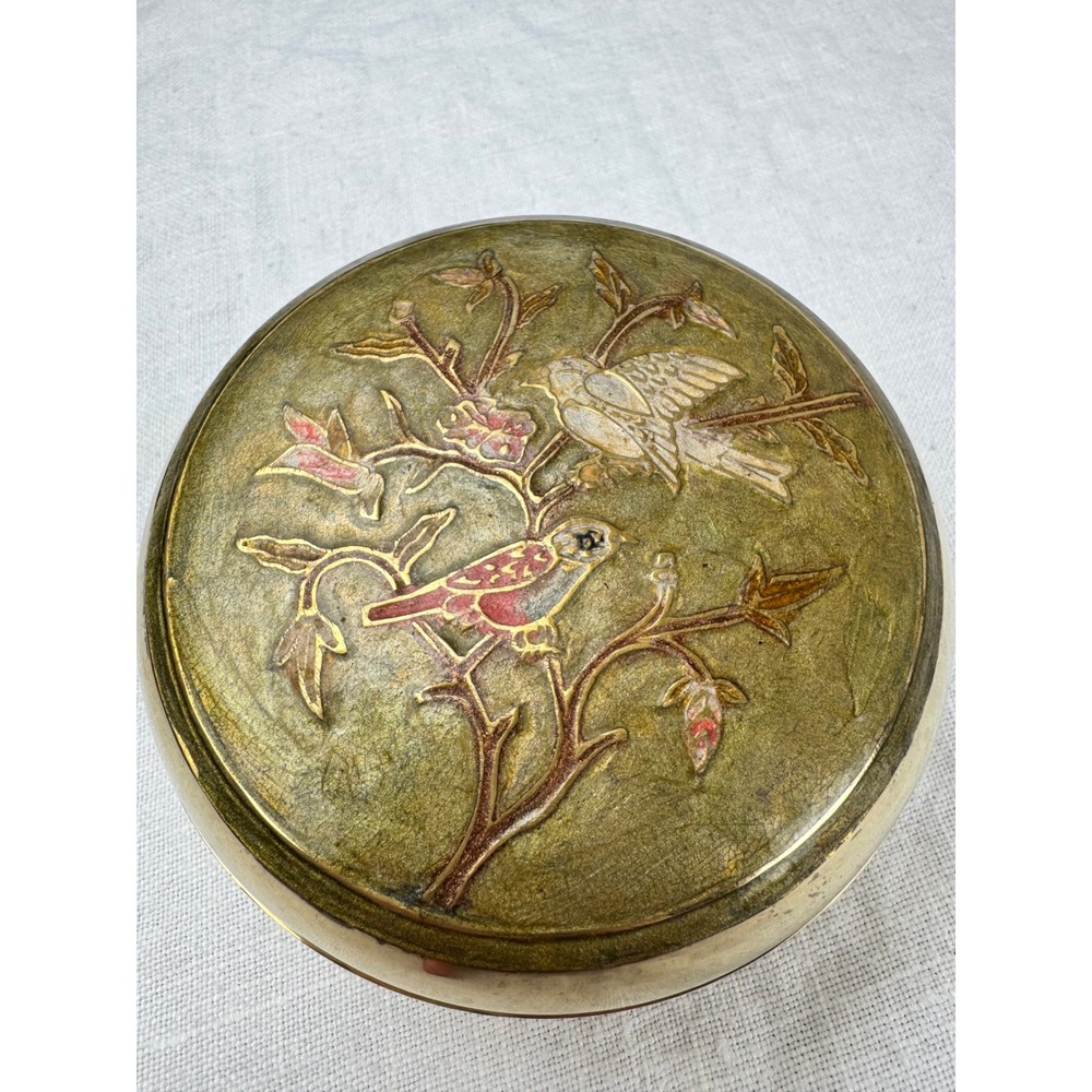 Vintage Brass Champleve Trinket Compact Bowl Bird Floral Enamel Lid Jewelry Box